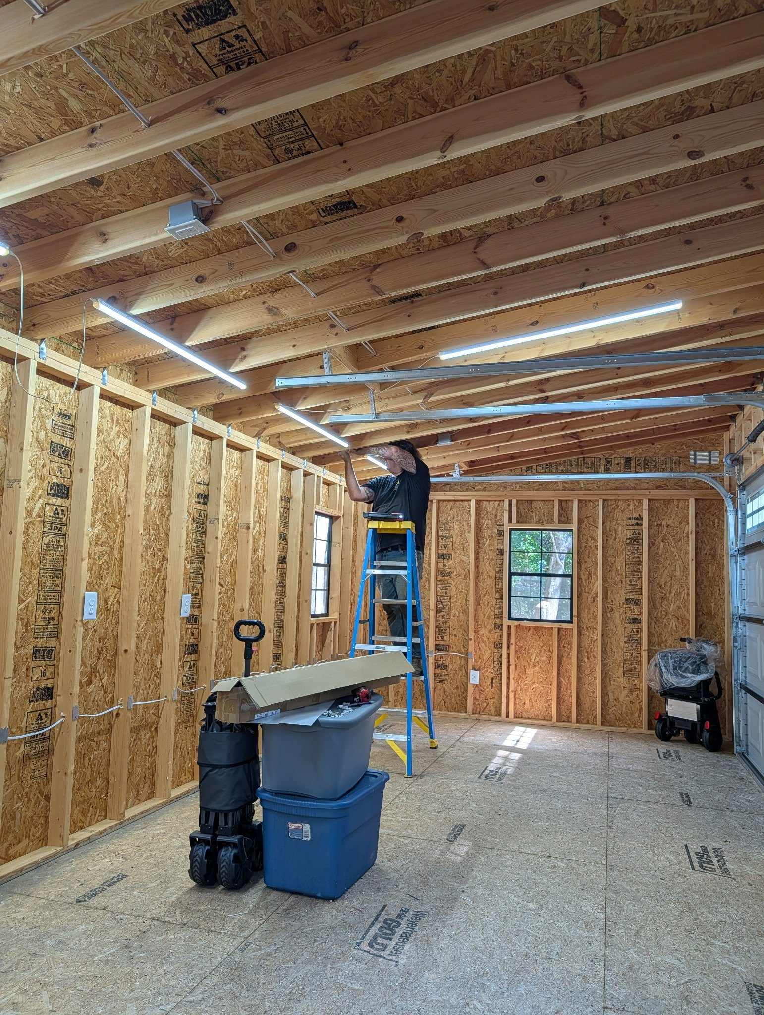 LED lighting installed inside a new shed by Goose Electric
